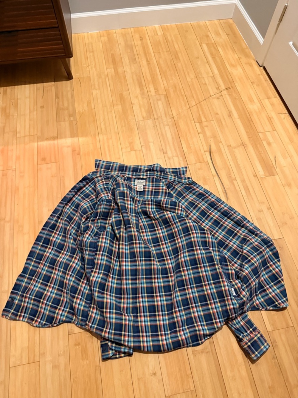 L.L. Bean Navy Plaid Cotton Button-Down Shirt with Orange and Yellow Accents